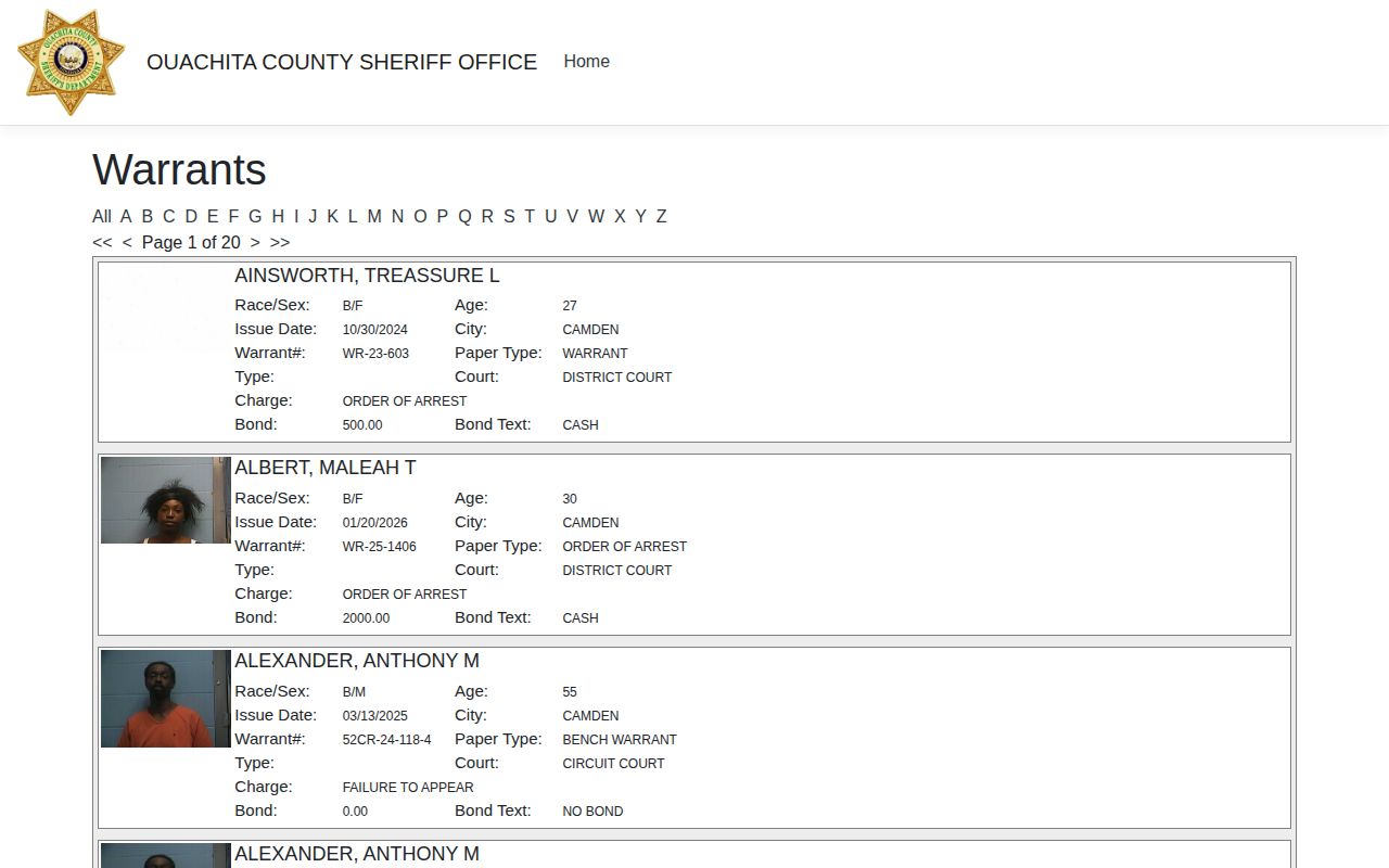 Ouachita County arrest warrant search portal