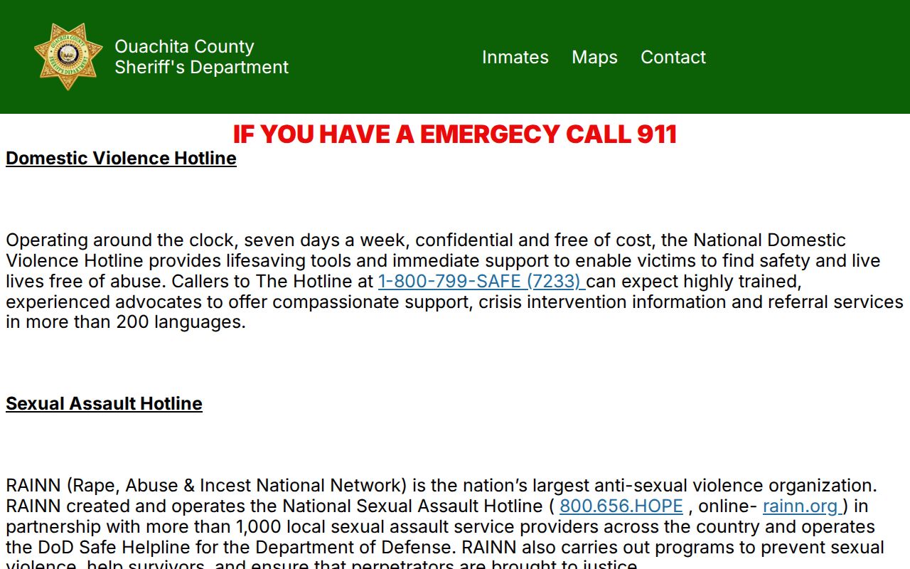 Ouachita County Sheriff victim resources page linking to VINELink